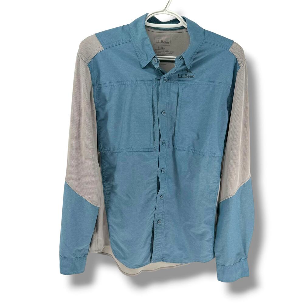 LL Bean Vented Fishing Shirt Mens Small Blue Gray Colorblock Outdoor Angler